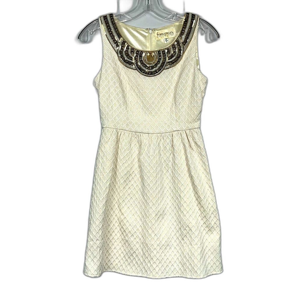 Francesca’s Cream Beaded Sleeveless Cocktail Tea Dress Size Small